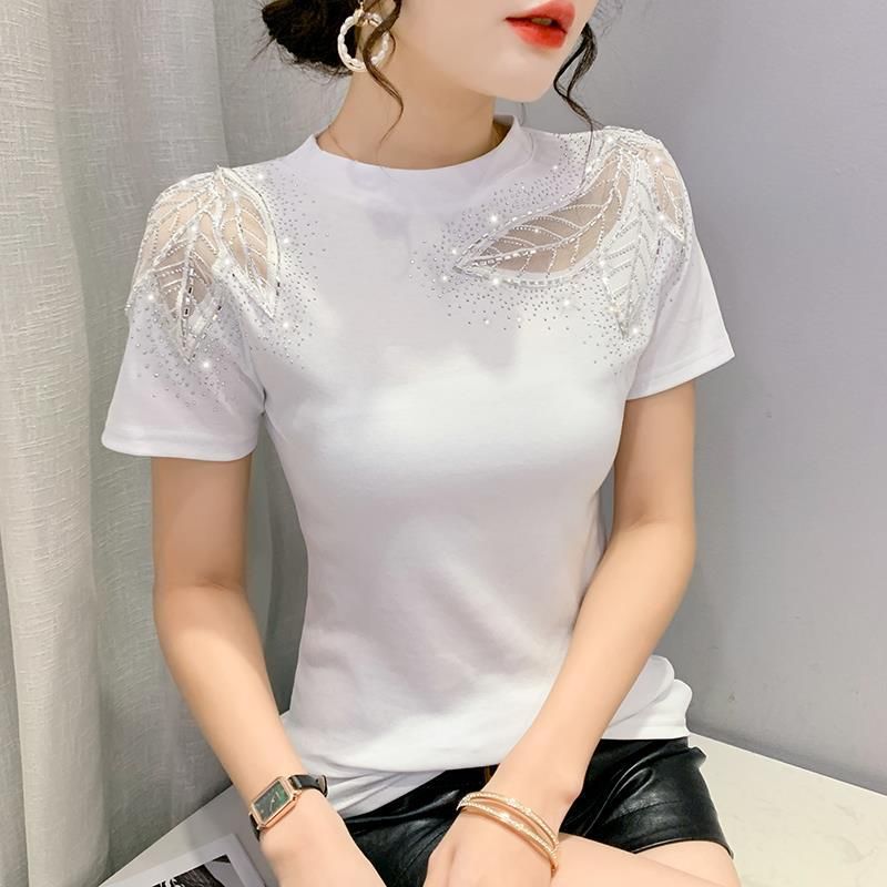 K New Short-sleeved Round Neck Fashionable Lace Hollow Embroidery Slimming T-shirt For Women_ecoleips.com
