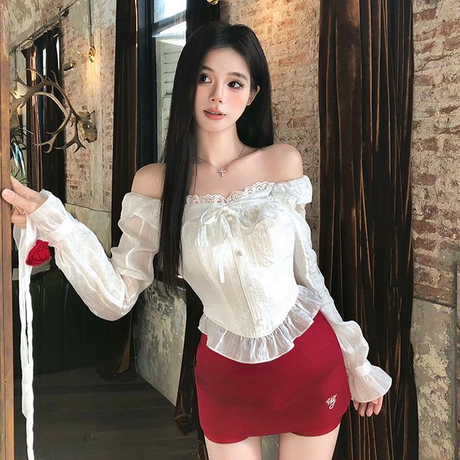 2025 Spring Autumn New Fashionable And Elegant Pure Desire Style Short Off-Shoulder Lace Chiffon Blouse Sexy Top_ecoleips.com