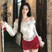 2025 Spring Autumn New Fashionable And Elegant Pure Desire Style Short Off-Shoulder Lace Chiffon Blouse Sexy Top_ecoleips.com