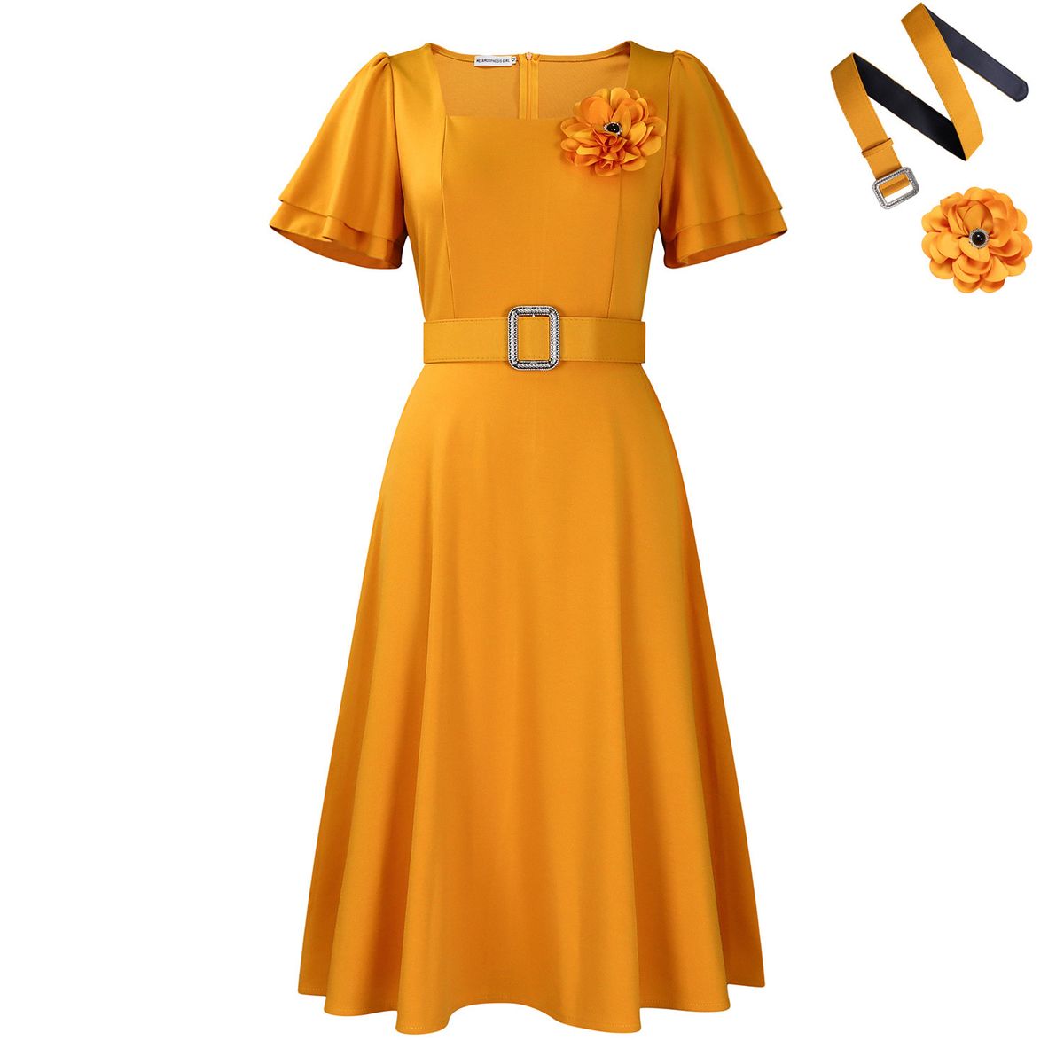 Women's Clothing Solid Color High Waist Elegant Square Neck A-Line Dress With Detachable Corsage & Belt | Flowy Summer Midi Dress For Women_ecoleips.com