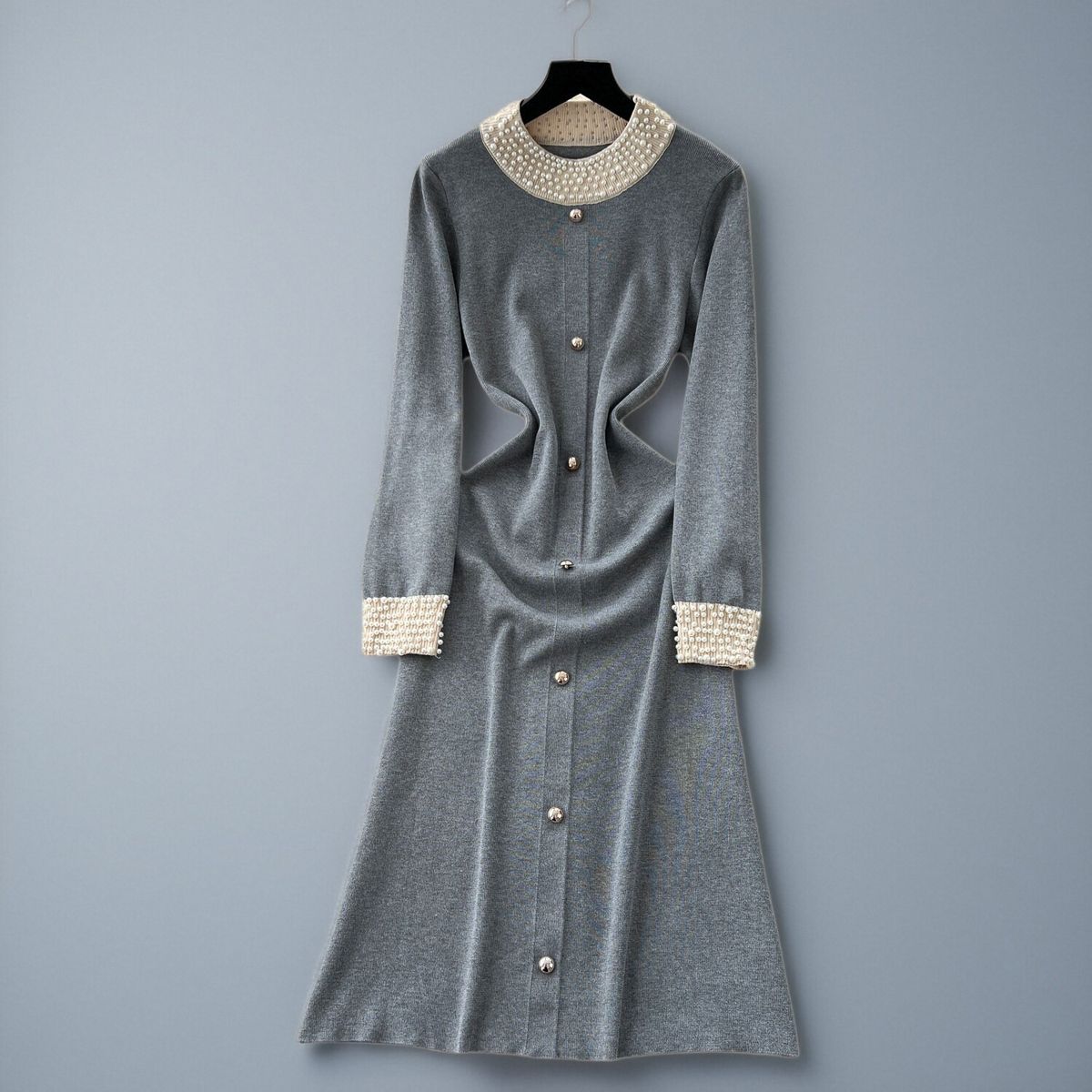 Women's Clothing French Retro Beaded Knit Dress For Women Heavy Duty Single Breasted Elegant Sweater Autumn Winter High End Clothing_ecoleips.com