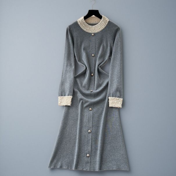 Women's Clothing French Retro Beaded Knit Dress For Women Heavy Duty Single Breasted Elegant Sweater Autumn Winter High End Clothing_ecoleips.com