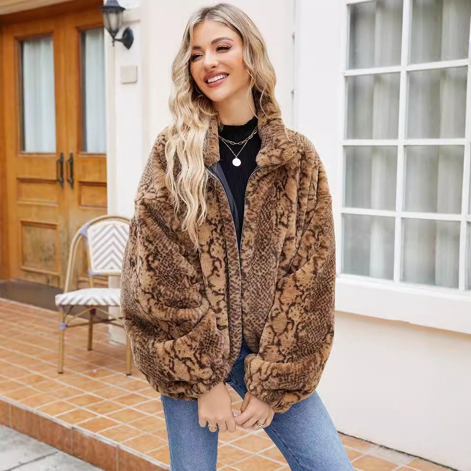 Luxury Faux Fur Coat For Women - Elegant Long Sleeve Jacket With Snake Print, Oversized Fit, Warm Winter Outerwear For Office & Casual Wear_ecoleips.com