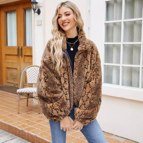 Luxury Faux Fur Coat For Women - Elegant Long Sleeve Jacket With Snake Print, Oversized Fit, Warm Winter Outerwear For Office & Casual Wear_ecoleips.com