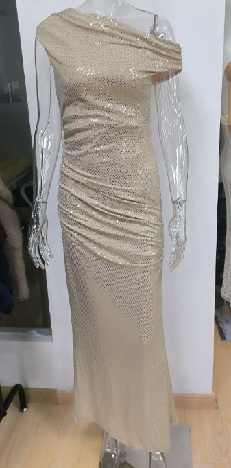 Women Sexy Trendy Hot Girl Asymmetrical Shoulder Rhinestone Decorated Casual Party Dress New Arrival_ecoleips.com