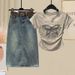 Women's Clothing Summer Tie Dye Denim Butterfly Embroidered Short Sleeves With Retro Denim Midi Skirt_ecoleips.com