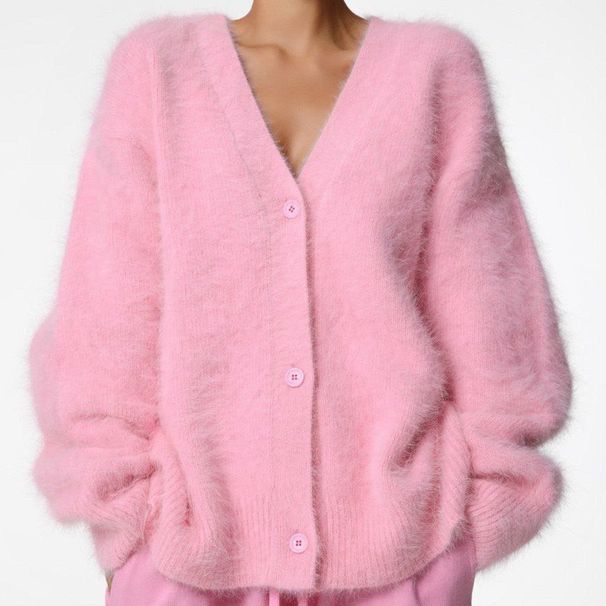 Women's Clothing Luxury Faux Mink Knit Cardigan Women's V-Neck Long Sleeve Oversized Sweater Coat For Autumn Winter_ecoleips.com