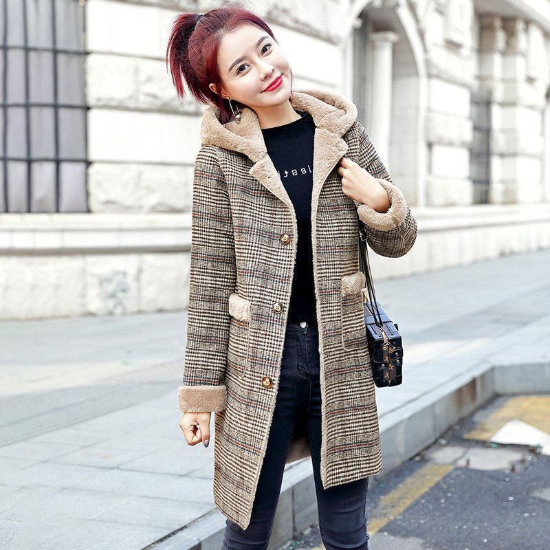 Women's Winter Plaid Wool Coat With Faux Fur Hood – Medium-Length Warm Overcoat, Thickened Fleece Lining, Relaxed Fit (Sizes S-XXXL, Classic Tartan_ecoleips.com