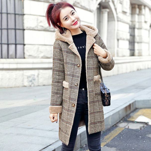 Women's Winter Plaid Wool Coat With Faux Fur Hood – Medium-Length Warm Overcoat, Thickened Fleece Lining, Relaxed Fit (Sizes S-XXXL, Classic Tartan_ecoleips.com