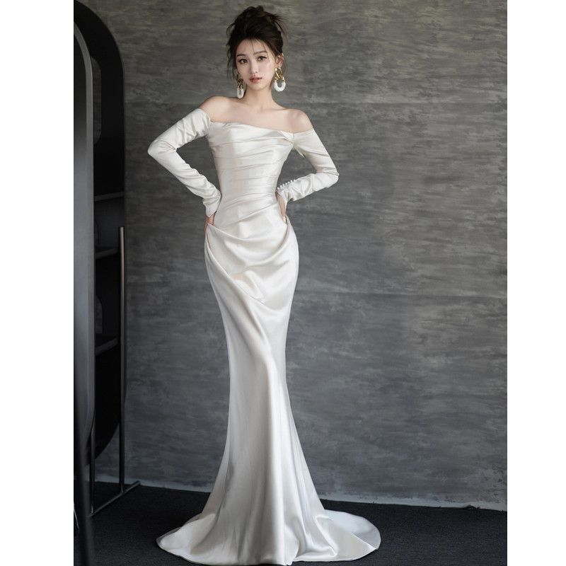 French Style Light Wedding Dress Simple Long Sleeve Off-Shoulder Bridal Gown Elegant White Mermaid Style_ecoleips.com