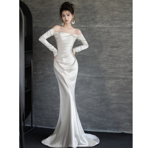 French Style Light Wedding Dress Simple Long Sleeve Off-Shoulder Bridal Gown Elegant White Mermaid Style_ecoleips.com