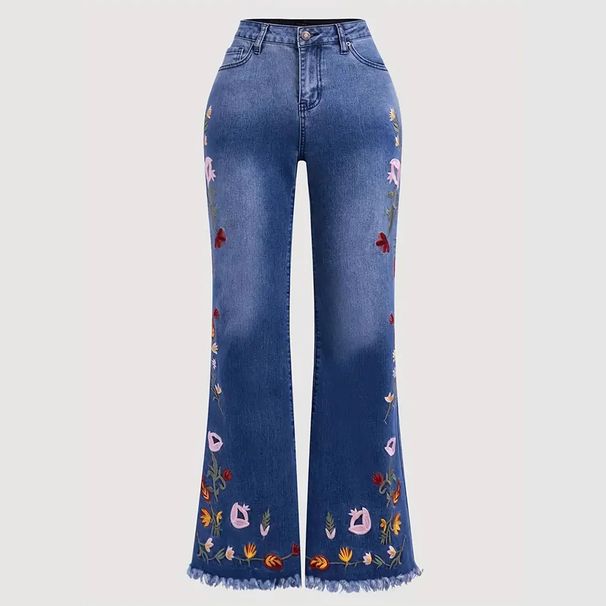 High-Waisted Retro Dark Blue Embroidered Flared Jeans Floor-Length Pants All Seasons Women's Cross-Border Style_ecoleips.com