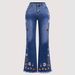 High-Waisted Retro Dark Blue Embroidered Flared Jeans Floor-Length Pants All Seasons Women's Cross-Border Style_ecoleips.com