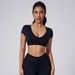 Women's Clothing Sanded Tight Short T Shirt Deep V Shape Back Hollow Sexy Short Waist Sports Short Sleeve_ecoleips.com