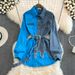 2027 Spring Autumn Fashion European-USA Style Women Polyester Lapel Waist-Cinched Color-Blocked Splicing Mid-Length Long Sleeve Casual Denim Shirt_ecoleips.com