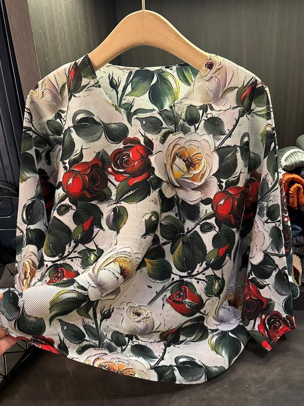 Women's Clothing High End Fashion Printed Loose Pleated Tops For Women In Autumn New Commuting Round Neck Bat Sleeve T Shirt_ecoleips.com