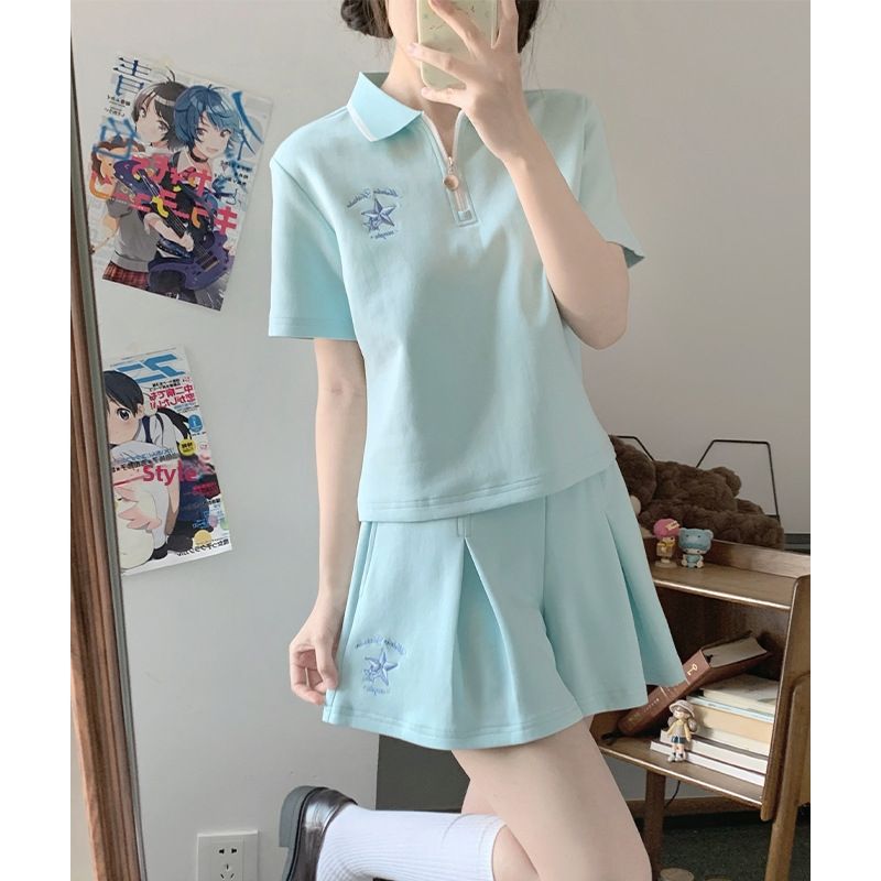 Summer Schoolgirl Style JK Uniform Short Sleeve T-Shirt And Pleated Skirt Two Piece Casual Sports Set for Women Trendy_ecoleips.com