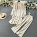 K Pure Color Leisure Suit For Women With A Shawl Coat V-neck Base Sweater Wide-leg Trousers Three-piece Suit_ecoleips.com
