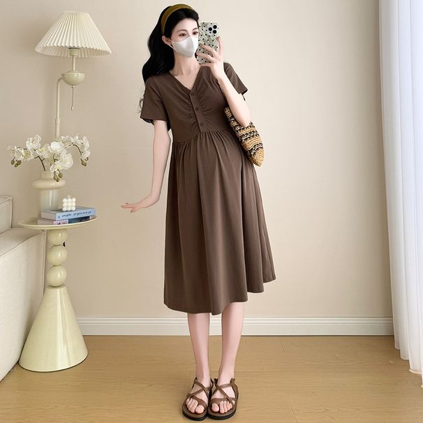 Summer New Korean Fashion Pleated V-Neck Maternity Nursing Dress_ecoleips.com