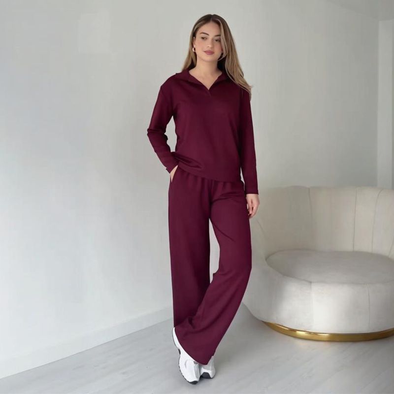 Women's Clothing Solid Color V-Neck Long Sleeve Top With Pocket & Tie-Waist Straight Pants Set - Casual Office Wear, Comfortable Polyester Outfit_ecoleips.com
