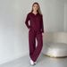 Women's Clothing Solid Color V-Neck Long Sleeve Top With Pocket & Tie-Waist Straight Pants Set - Casual Office Wear, Comfortable Polyester Outfit_ecoleips.com