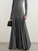 Freeacy 2025 Autumn And Winter New Slim Fit Long Sleeves Maxi Dress For Women Solid Gray High Neck Pleated Casual Party Dresses_ecoleips.com