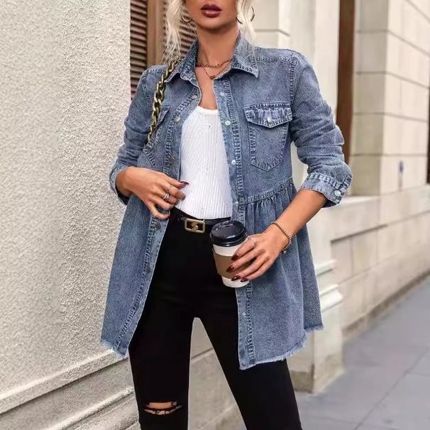 Women's Clothing Long Sleeved Raw Edge Denim Shirt Tops Women's Denim Jacket_ecoleips.com