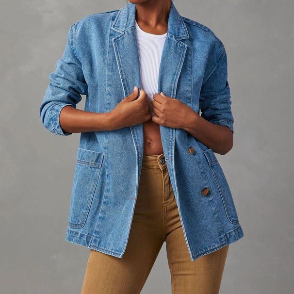 Trendy Washed Denim Blazer For Women – Oversized Boyfriend Jacket With Notched Lapel, Street Style Blue Blazer_ecoleips.com