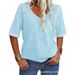 Women's T-shirt V-neck Half-sleeve Loose Shirt Casual Solid Color Basic Top_ecoleips.com