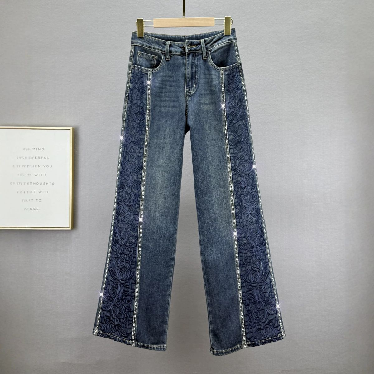 Women's High-Waisted Wide Leg Denim Pants Rhinestone Embroidery Loose Fit Slimming Ethnic Style Trendy Early Autumn Clothing_ecoleips.com