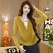 Spring/Autumn Versatile V-Neck Fake Two-Piece Color-Blocked Long-Sleeve Base Shirt, Rhinestone Design For Women, Plus Si_ecoleips.com