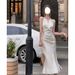 Elegant French Style Evening Gown off White Halter Neck Spaghetti Strap Satin Dress Women's Fishtail Long Skirt_ecoleips.com