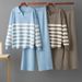Women's Cross Border Striped Knitted Suit Polo Collar Loose Sweater And Wide Leg Pants Two Piece Set Casual Sports Spring Autumn_ecoleips.com