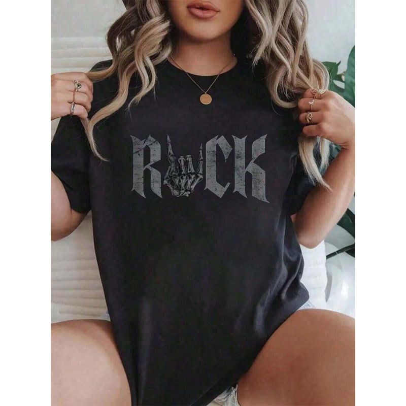 Women's 100% Cotton Short Sleeve T-Shirt 'Rock On' Skeleton Hand Print Rock And Roll Style European Size_ecoleips.com