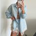 Women's Stylish Solid Color Lapel Long Sleeve Shirt & Lace Trim Shorts Set - Summer Casual Outfit For Women_ecoleips.com