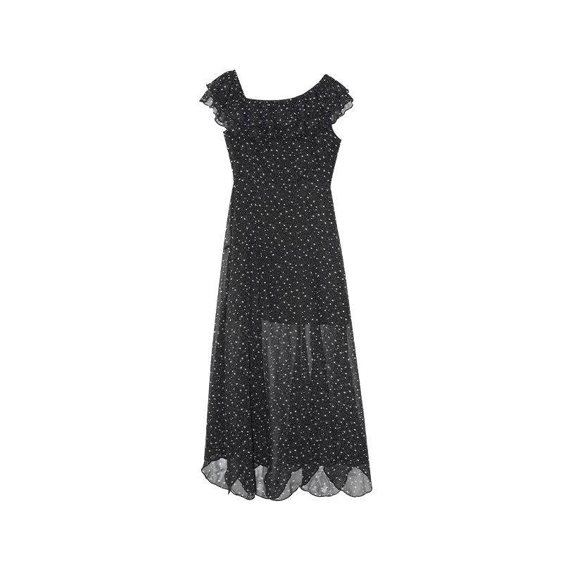 Interpretation Of Beauty NEWOPEN 25 Summer French Style Chiffon Elegant Polka Dot Long With Ruffle Off-Shoulder Dress_ecoleips.com