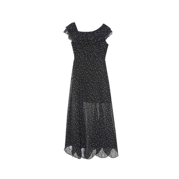Interpretation Of Beauty NEWOPEN 25 Summer French Style Chiffon Elegant Polka Dot Long With Ruffle Off-Shoulder Dress_ecoleips.com