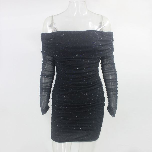 popular women's clothing sexy one-line neckline off-shoulder pleated hip-hugging evening dress short dress summer dress_ecoleips.com