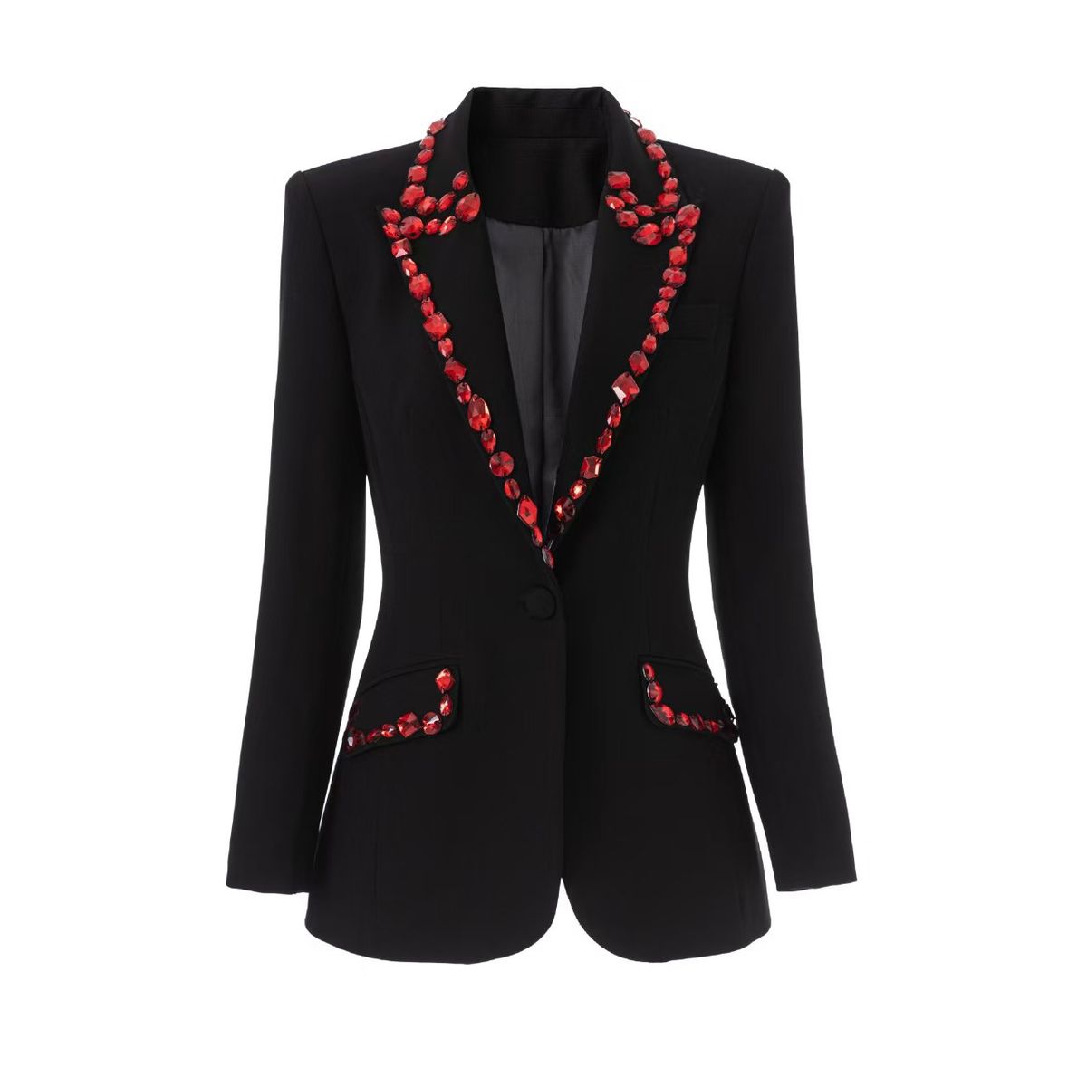 Women's Statement Blazer With Intricate Red Beadwork - Tailored Slim-Fit Career Jacket For Office & Evening Wear_ecoleips.com