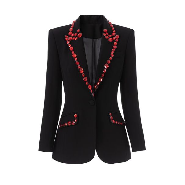 Women's Statement Blazer With Intricate Red Beadwork - Tailored Slim-Fit Career Jacket For Office & Evening Wear_ecoleips.com