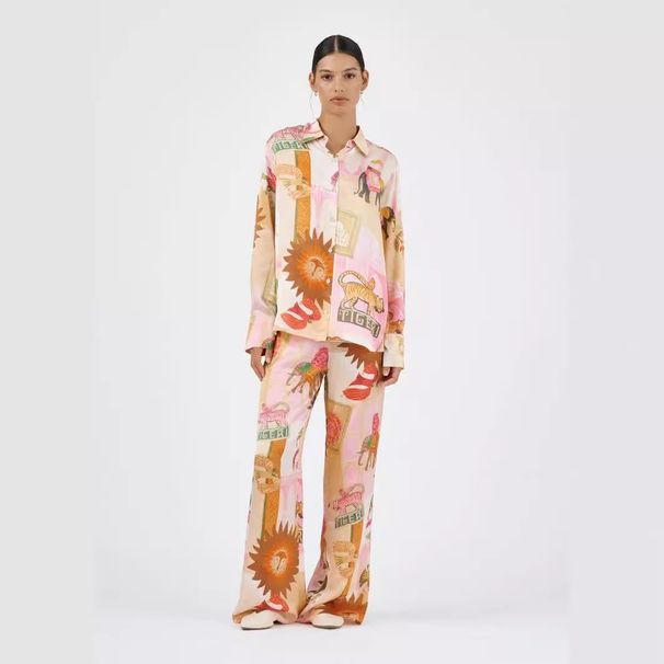 Women's Clothing Fashion Personalized Printed Macaron Linen Long Sleeved Shirt Suit_ecoleips.com