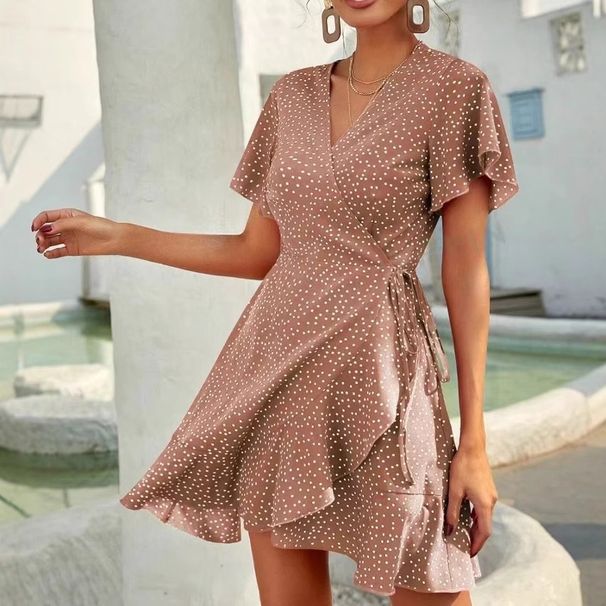 Summer French Polka Dot Wrap Dress Sweet Girl V Neck Cardigan Tie up Short Sleeve with Belt Cross Border Style for Women_ecoleips.com