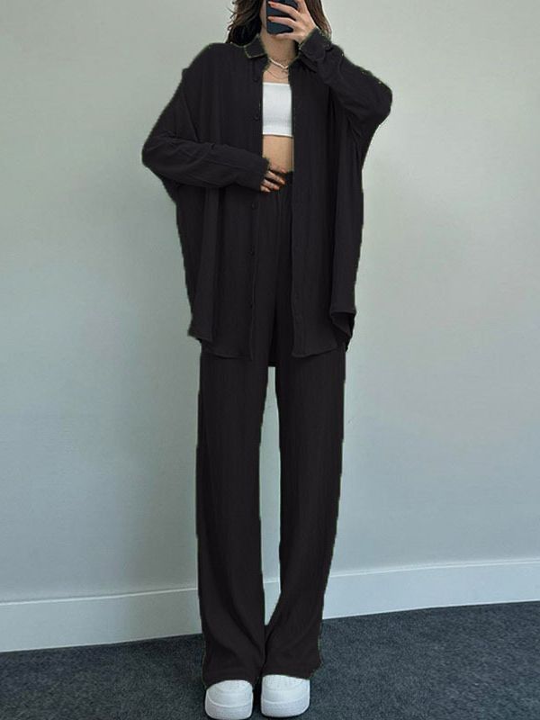 Fashionable European American Women's Casual Set Long Sleeve Shirt Wide Leg Pants 2 Piece Set Autumn Winter Loose Stretch Wrinkled_ecoleips.com