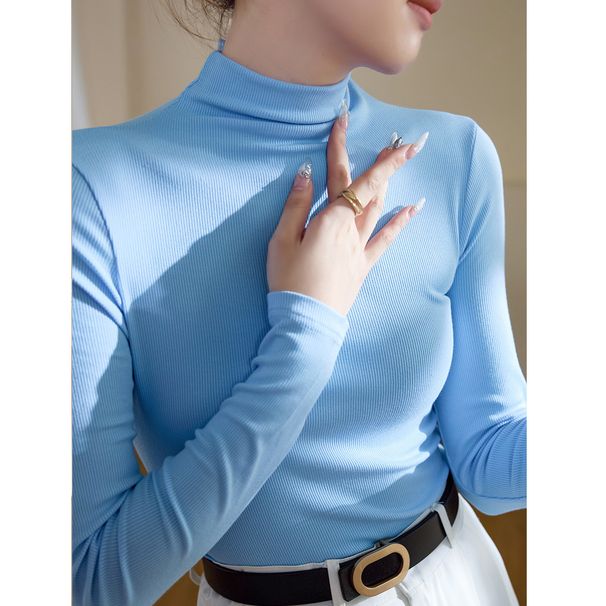 2025 High Stretch Cotton Semi High Neck Base Women's Long Sleeved T-Shirt 2025 Autumn And Winter New Tight Fitting Inner_ecoleips.com