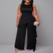 Women's Clothing Plus Size Elegant Solid Color Jumpsuit Lace Trim Casual Commuter Style Loose Straight Leg Polyester_ecoleips.com