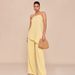 Women's Elegant Sexy Casual Strapless Ice Silk Pleated Solid Color Straight Leg Pants Set Import Clothing_ecoleips.com