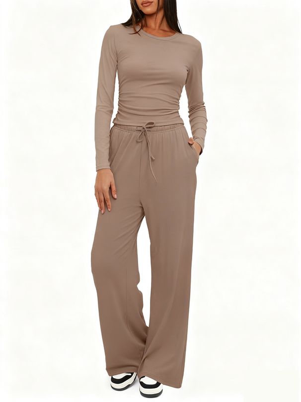 Women's Solid Color Casual Long Sleeved Set High Waisted Wide Leg Pants Sportswear Top And Bottoms_ecoleips.com