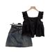 Women's Clothing Large Size Gentle Outfit For Women New Style Niche Simple Square Collar Versatile Top High Waist Denim Skirt Two Piece Suit_ecoleips.com