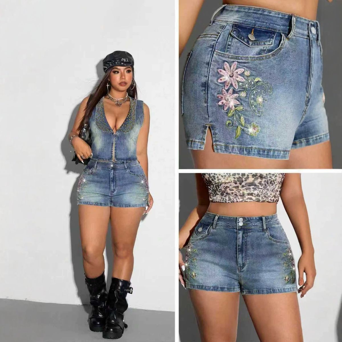 Women's High Waisted Double Button Floral Embroidered Rhinestone Denim Shorts Side Slit Hot Pants plus Size Clothes_ecoleips.com