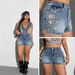 Women's High Waisted Double Button Floral Embroidered Rhinestone Denim Shorts Side Slit Hot Pants plus Size Clothes_ecoleips.com